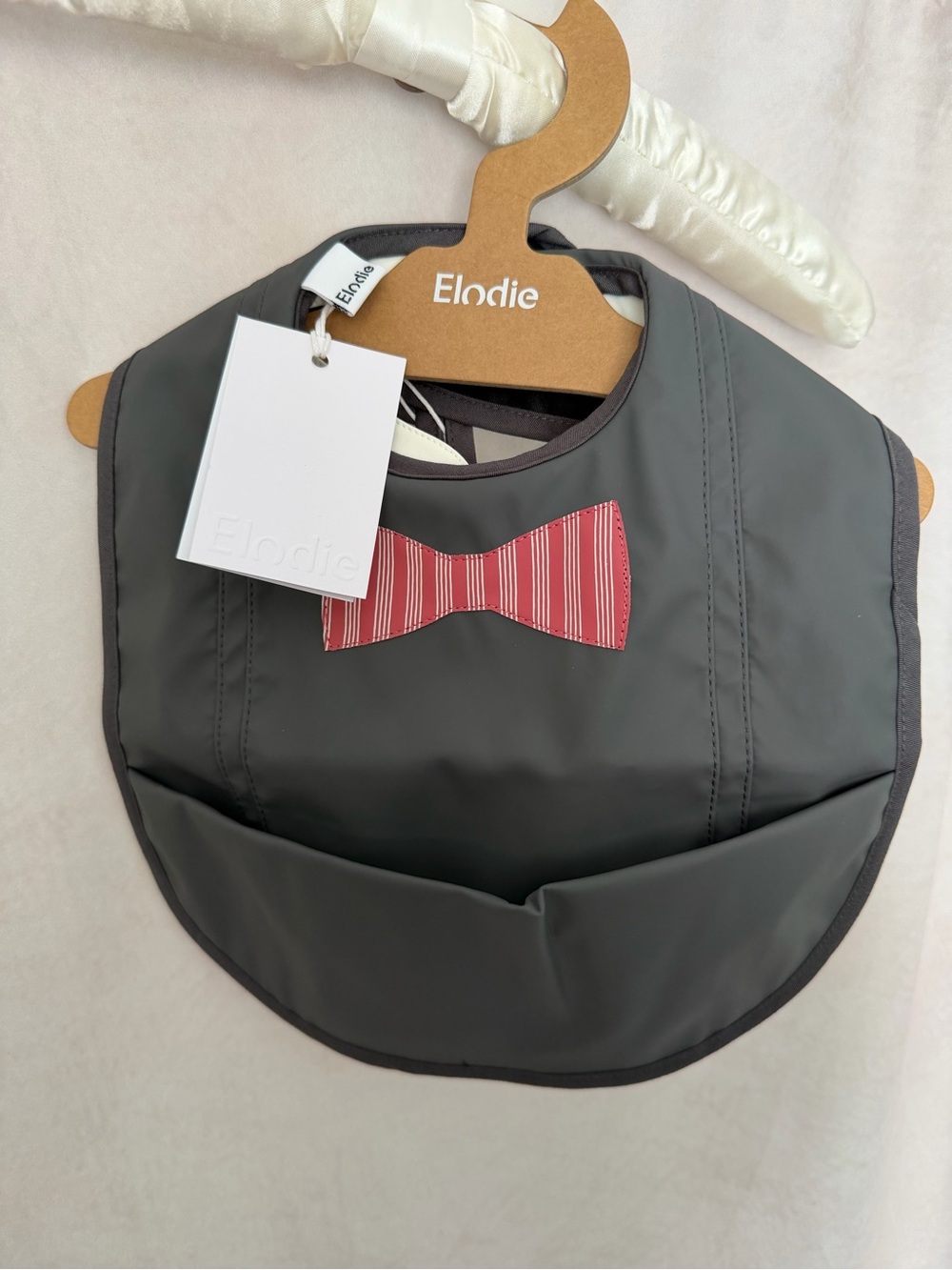 Elodie Gray Baby Bib with Red Striped Bow Accent